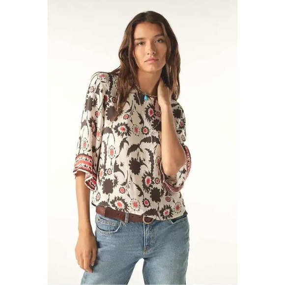 ba&sh Top Womens M Cream Brown Floral Kimono Sleeve Smocked Back Boho Indie Top
